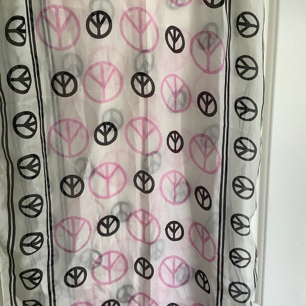 Peace Sign Print Rectangular 100% Silk Scarf White/Black/Pink